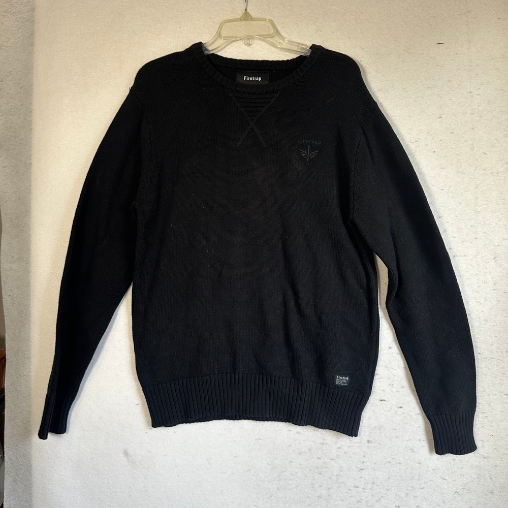 Firetrap Mens Black Crew Neck Sweater Embroidered Logo Pullover XXL